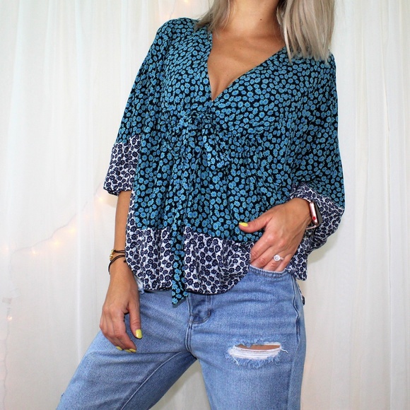 Zara Tops - Zara Blue Floral Batwing Sleeve Boho Blouse